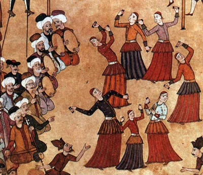 A detail from an Ottoman miniature in which a group of dancers in long red skirts raise their hands, with musicians playing drums beside them
